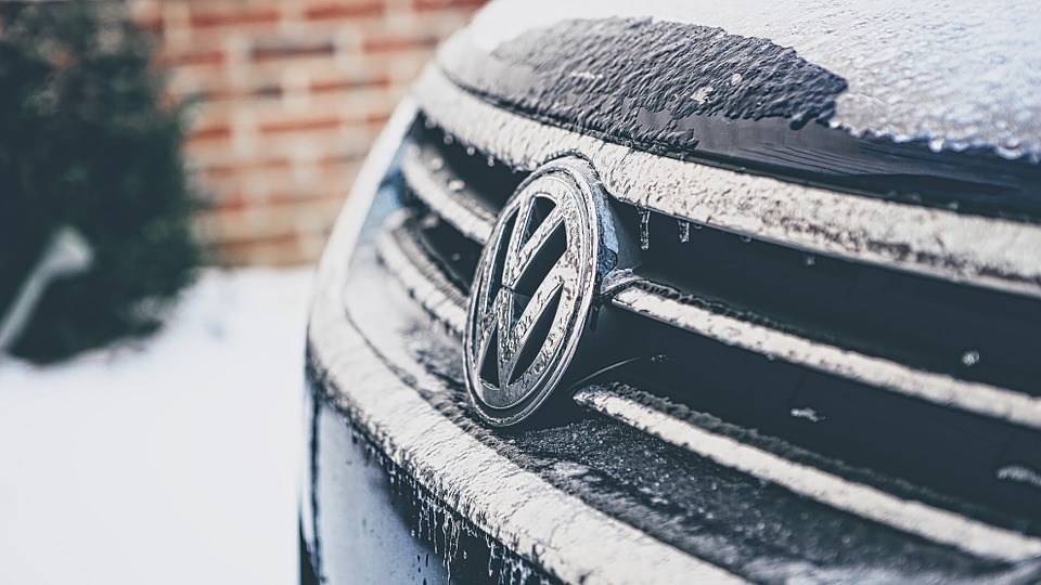 VW vehicle in the snow - front bumper